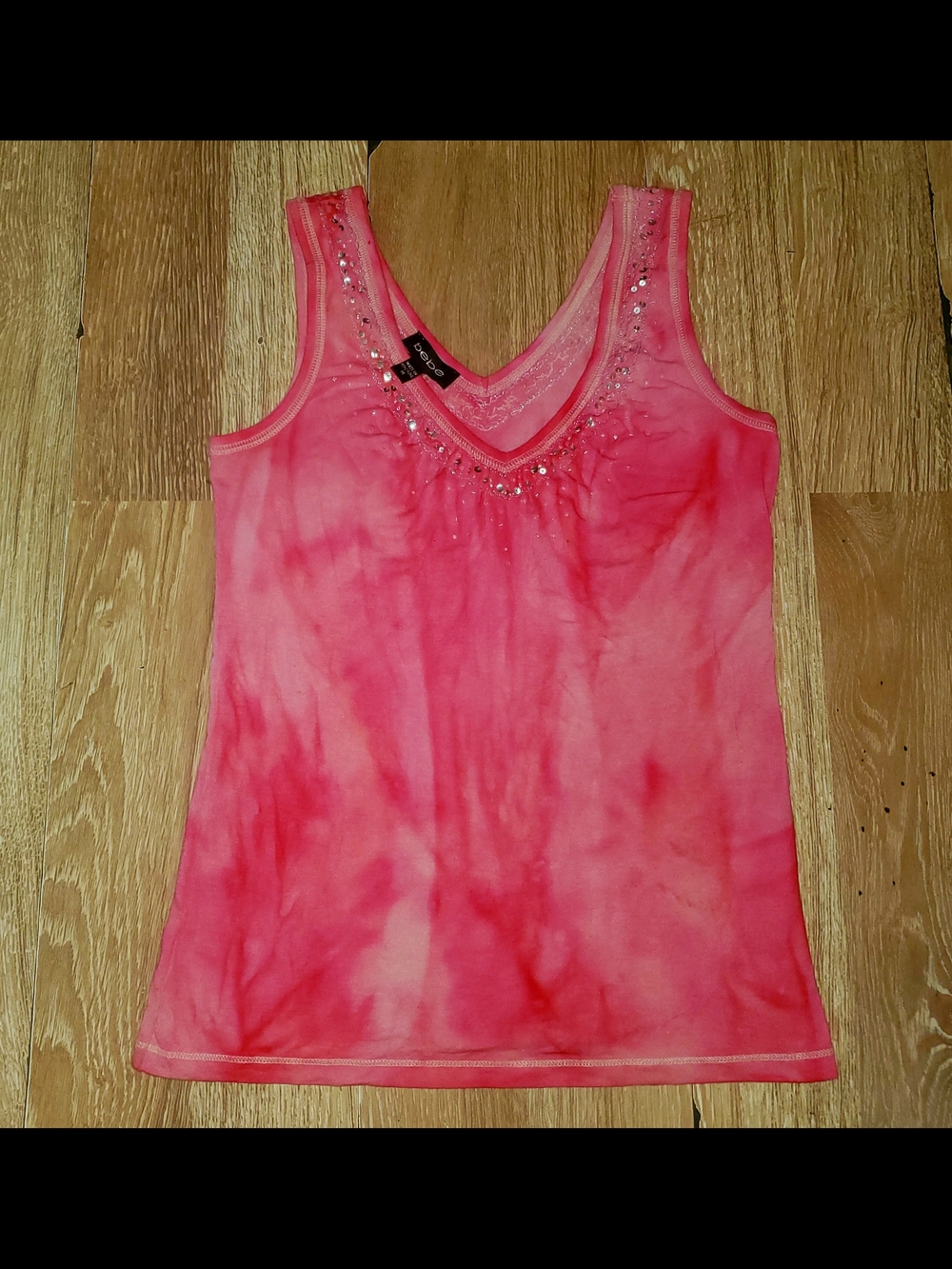 Bebe V-Neck Pink Tie-Dye & Bead & Sequin Tank Top